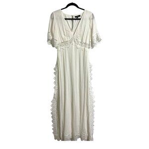 LULUS Sweeten The Occasion Lace Short Sleeve Vneck Maxi Dress White size Small